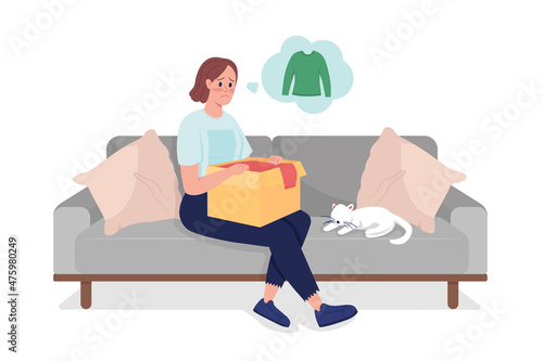Sad girl with wrong order semi flat color vector character. Posing figure. Full body person on white. Bad fitted clothing isolated modern cartoon style illustration for graphic design and animation