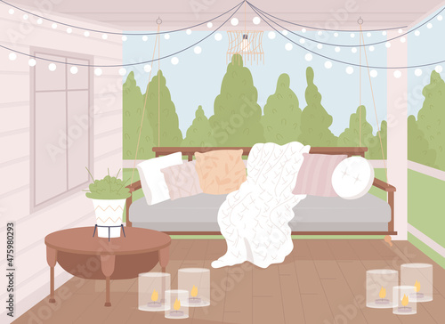 Cozy home porch flat color vector illustration. Comfy sofa with pillows and blanket. Couch near coffee table with houseplant. Nordic style 2D cartoon outdoor scene with furnishing on background
