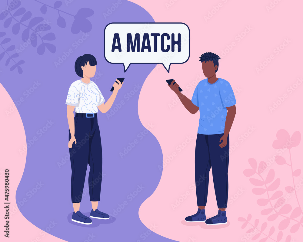 Dating matching algorithm flat color vector illustration. Meeting partner online. Lonely woman and man searching for romantic relationships 2D cartoon characters with abstract space on background