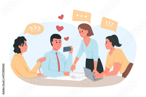 Addictive dating application 2D vector isolated illustration. Company meeting. Male employee in love ignoring people flat characters on cartoon background. Dating site addict colourful scene
