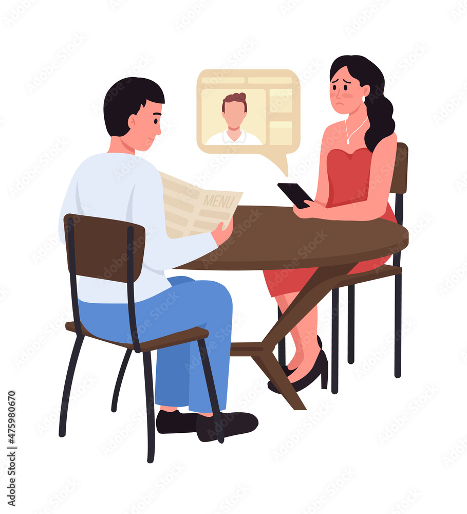 Disappointed woman on date with stranger semi flat color vector characters. Full body people on white. Unmet expectation isolated modern cartoon style illustration for graphic design and animation Disappointed woman on date with stranger semi flat color vector characters. Full body people on white. Unmet expectation isolated modern cartoon style illustration for graphic design and animation