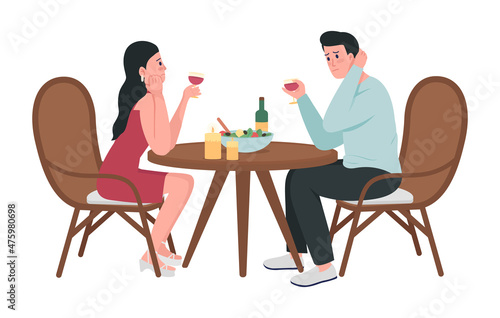 Tired girl with shy guy on date semi flat color vector characters. Full body people on white. Communication barriers isolated modern cartoon style illustration for graphic design and animation