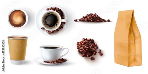 Realistic coffee cups, paper package and beans pile top view. Fresh espresso, latte and cappuccino drinks with foam. Barista cafe vector set