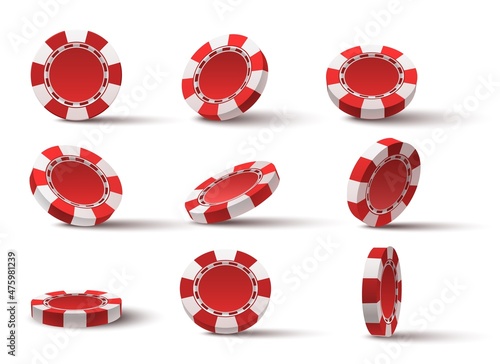 Realistic 3d flying red casino poker game chips. Gambling plastic coins. Jackpot chip tokens for roulette. Vegas pokerchips flip vector set