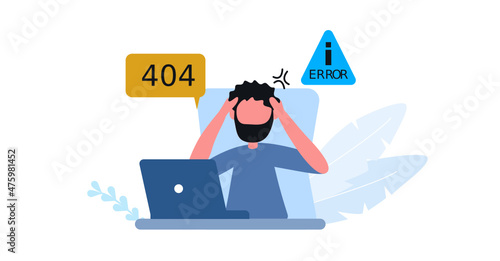 man working on a laptop with problem Not Found 404 Error Failure Warning Problem