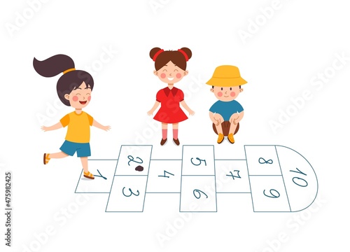 Kids jumping playing hopscotch together, flat vector illustration isolated.