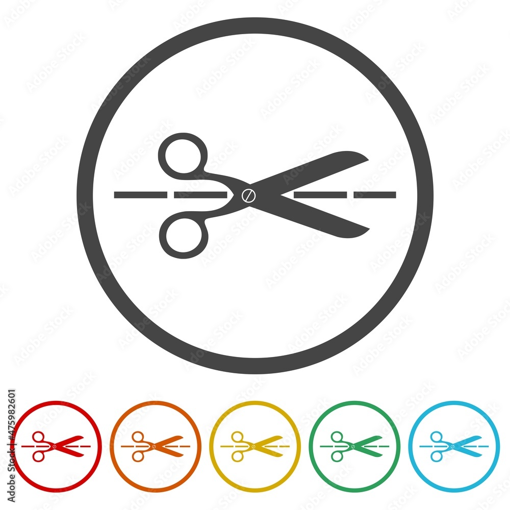 Scissors with cut icon isolated on white background, color set Scissors with cut icon isolated on white background, color set