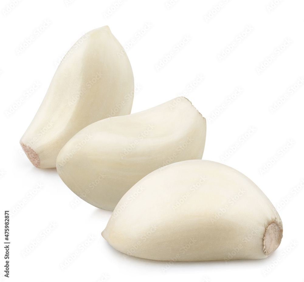 Delicious white garlic cloves, isolated on white background Delicious white garlic cloves, isolated on white background