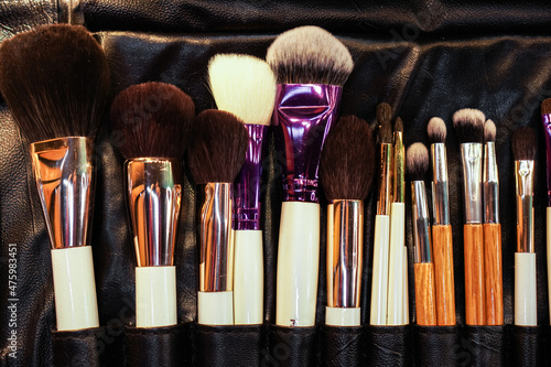 Set of makeup stylist brushes. Different makeup brushes in black leather case. Close up. Top view