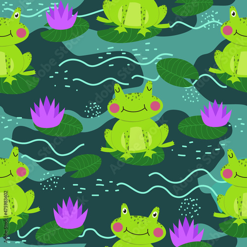 Pattern with cute pink-cheeked frogs on the water. Lotus leaves and flowers. Childish green background design. Cartoon characters.