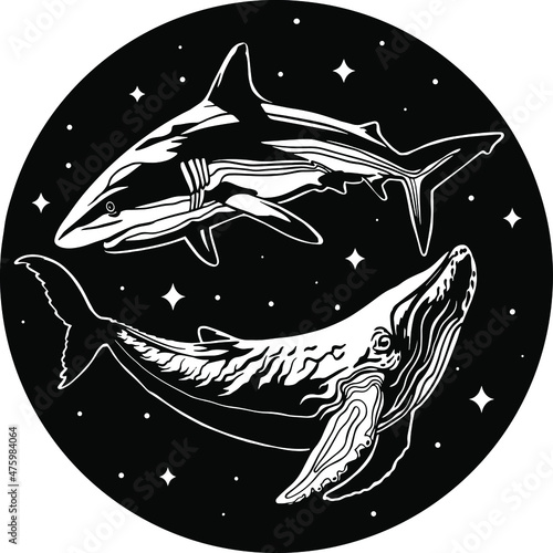 Modern tattoo shark and whale swimming in the night sky with stars. Pisces zodiac sign. Vector hand drawn illustration. Marine mammals animals white whale and shark. Vinyl Cutting and Printing File