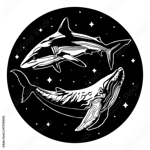 Modern tattoo shark and whale swimming in the night sky with stars. Pisces zodiac sign. Vector hand drawn illustration. Marine mammals animals white whale and shark. Vinyl Cutting and Printing File