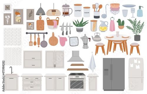Cartoon cozy scandinavian kitchen furniture, interior elements. Dining table, refrigerator, tableware and sink. Home cook room vector set