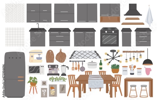 Cozy kitchen furniture, utensils, decoration and cooking appliances. Hygge cook room interior elements, table and kitchen cabinet vector set