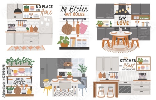 Posters with cozy kitchen room interiors and cook quotes. Kitchens furniture, cabinets, dining table and utensils. Hygge cooking vector set