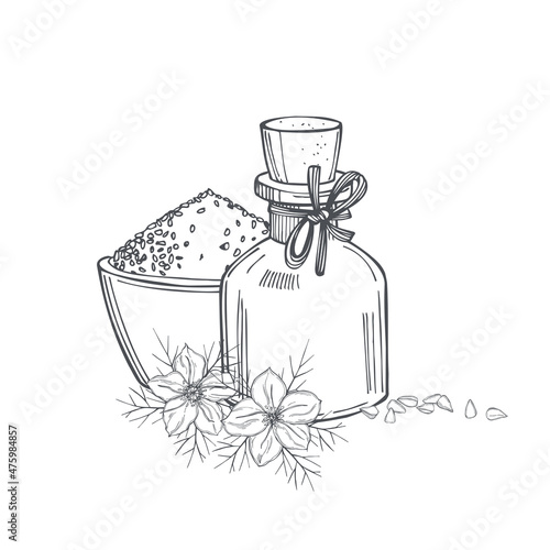 Black cumin oil with seeds.  Sketch illustration