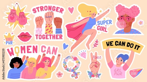 Flat girls power stickers with fists up and feminism slogans. Strong black women rights. Super girl. Feminist movement symbols vector set