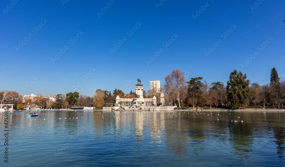 Lakes, parks and landscapes in autumn, in the city of Madrid Spain. Retiro Park in the center of Madrid.