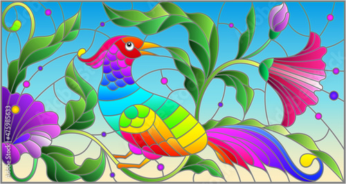 Stained glass illustration with a bright abstract bird on a background of leaves, flowers and blue sky, rectangular image