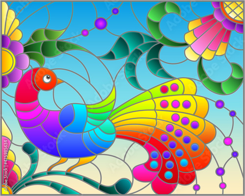 Stained glass illustration with a bright abstract bird on a background of leaves  flowers and blue sky  rectangular image