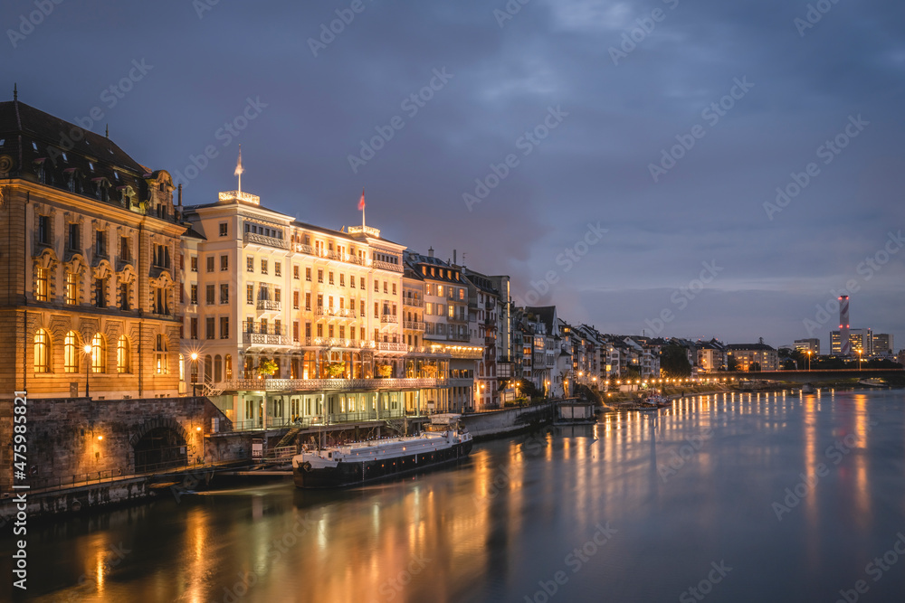 Switzerland, Basel-Stadt, Basel, City waterfront at night seen from Middle Bridge Switzerland, Basel-Stadt, Basel, City waterfront at night seen from Middle Bridge