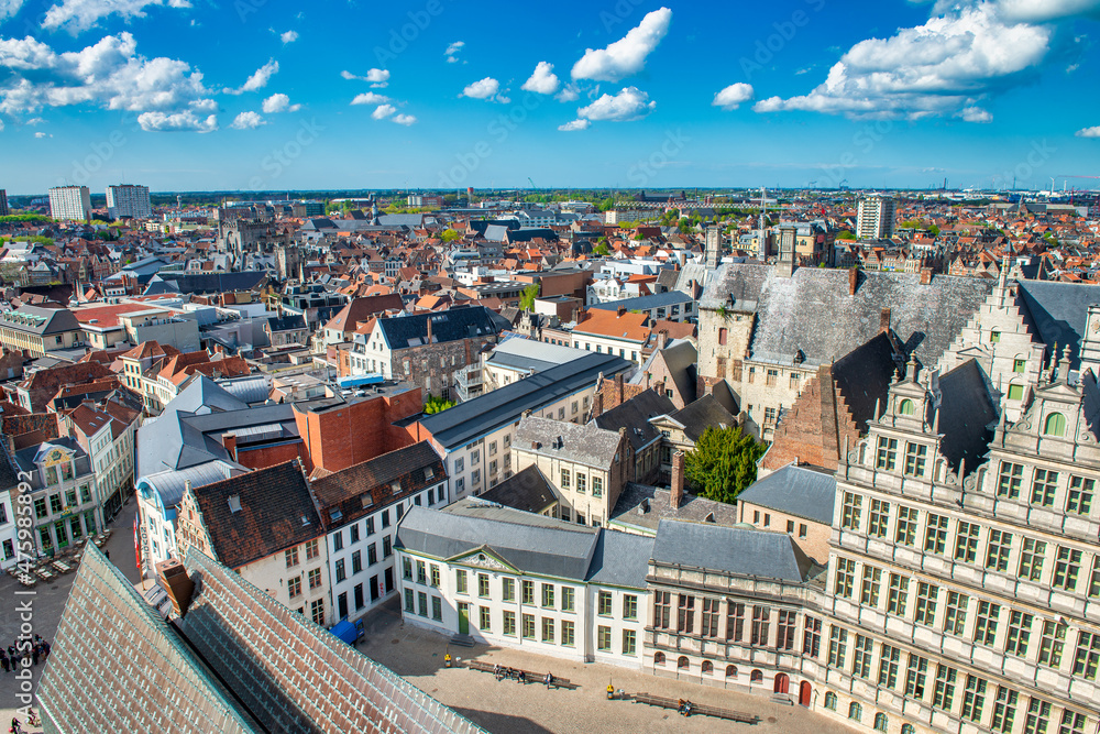 GHENT, BELGIUM - APRIL 30, 2015: View of the historic city center in Gent, Belgium. Architecture and landmark of Ghent in spring season.