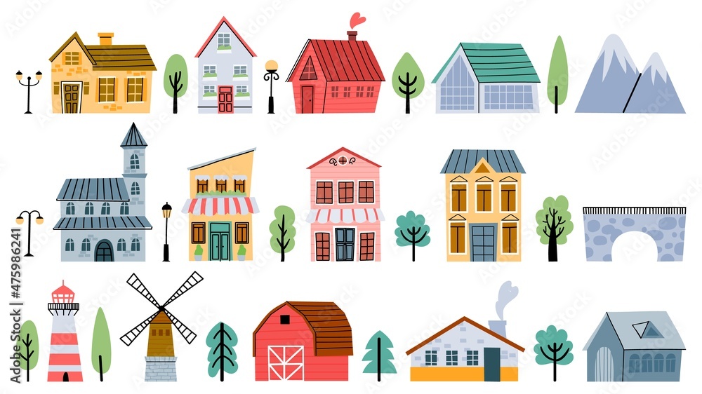 Cute childish town and village buildings, houses and cottages. Cartoon city architecture, bridge, windmill, farm and light house vector set