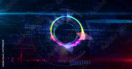 Audio spectrum voice neon sign concept, radio sound wave and disco music record volume signal. Futuristic 3d rendering animation. Neon sketch on abstract background.