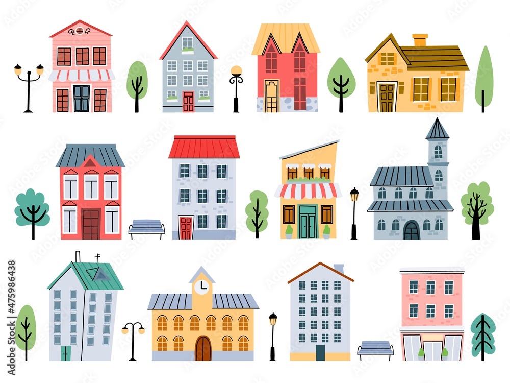 Cartoon town street buildings, houses, shops, trees and flashlight for kids. Cute urban architecture elements. Childish city home vector set