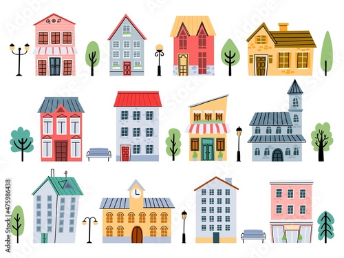 Cartoon town street buildings, houses, shops, trees and flashlight for kids. Cute urban architecture elements. Childish city home vector set