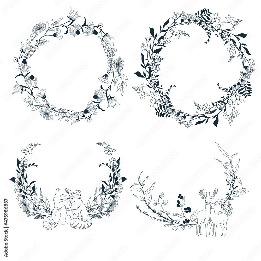 Set of four delicate floral wreaths, line art