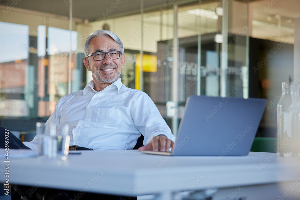 Happy mature businessman with laptop at table in office Happy mature businessman with laptop at table in office