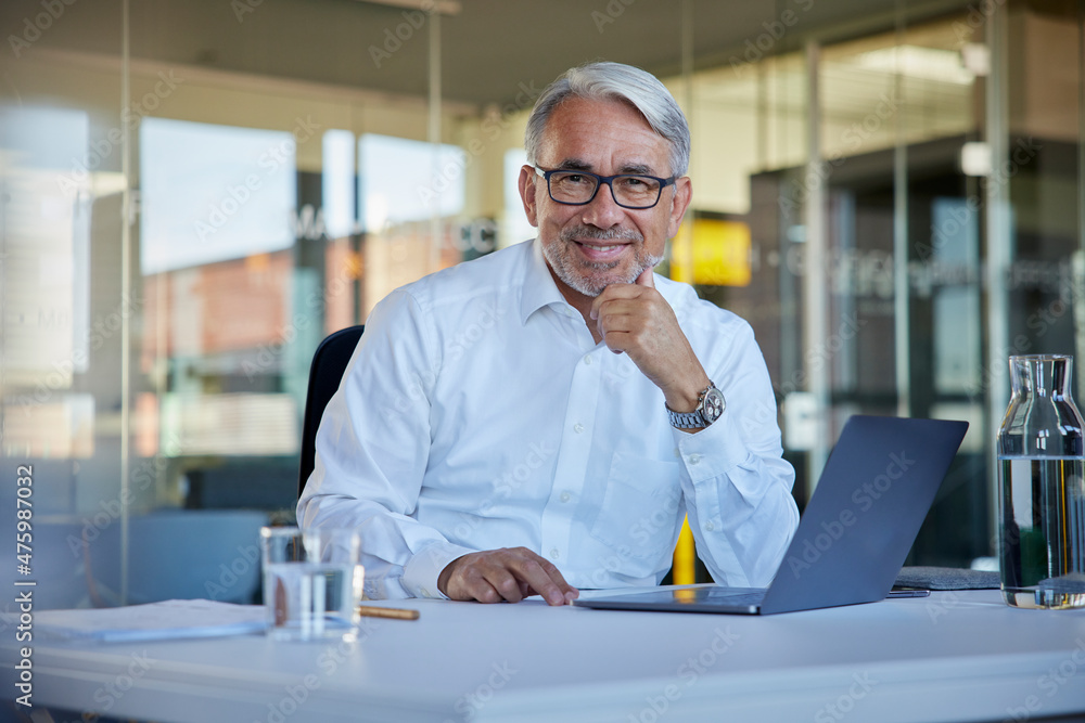 Smiling businessman with laptop sitting at table in office Smiling businessman with laptop sitting at table in office