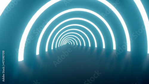 Abstract architecture background glowing arches in dark 3d rendering
