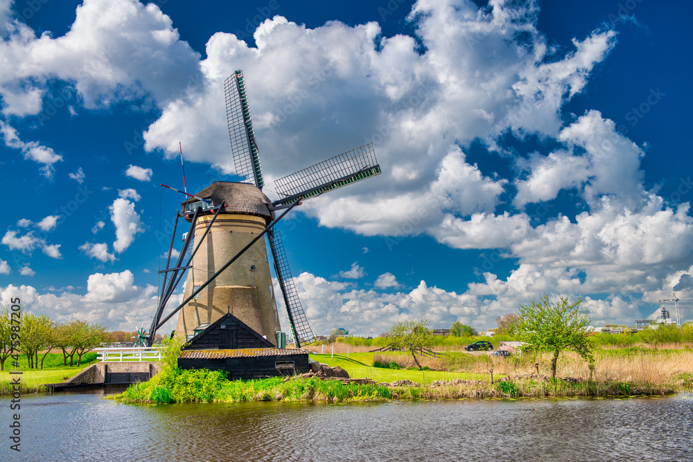 Kinderdijk windmill on a sunny spring day, The Netherlands.