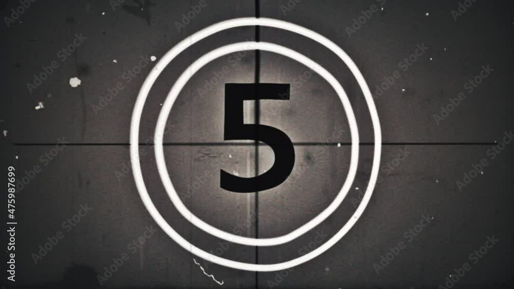 Old film countdown. Vintage defocused film look, flicker, grain and scratches effect. 4K animation 16 bit depth