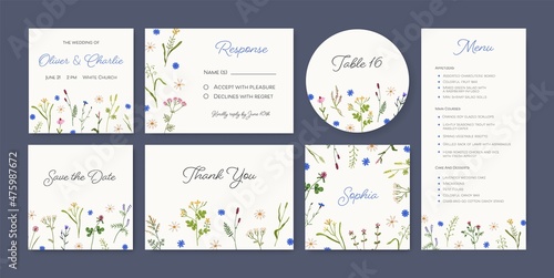 Wedding cards set. Floral background designs for marriage party. Romantic botanical invitation, menu, label and Save the Date templates with flowers, delicate plants. Flat vector illustrations
