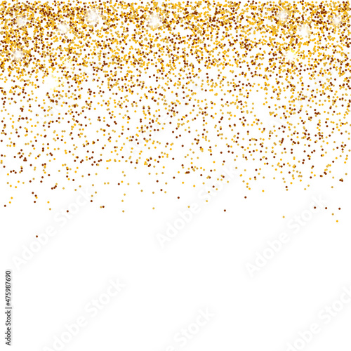 Sparkle glitter texture border, frame.  Shining falling golden dust decoration. Vector illustration isolated on white background.