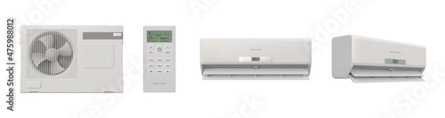 Realistic air conditioner, remote, indoor and outdoor ventilator. Split system, climate control technology. 3d room air condition vector set