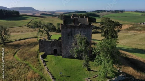 Orbit shot of Balvaird Castle in Fife Scotland with horizon depth and perspective. photo