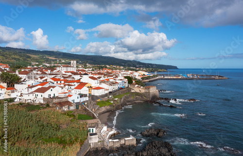 Portugal, Azores, Vila Franca do Campo, Drone view of town on southern edge of Sao Miguel Island photo