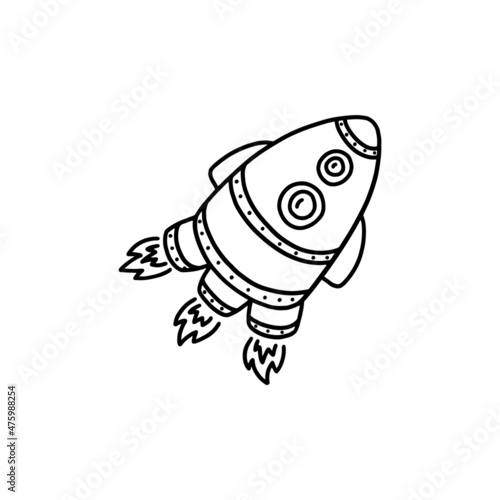 Space rocket doodle vector icon. Hand drawn spaceship with two windows flying with three fire engine. Line kid drawing.