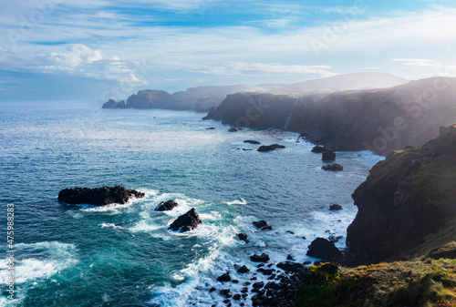 Portugal, Azores, Ribeira Grande, Drone view of cliffs of Sao Miguel Island photo