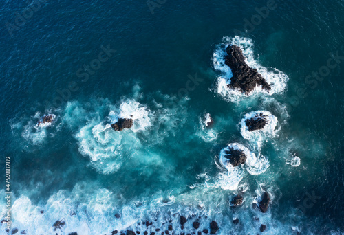 Drone view of blue coastal waters of Sao Miguel Island photo