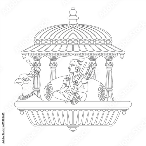 Lord Narad or Naradmuni in the canopy, sitting on a swan vehicle and flying