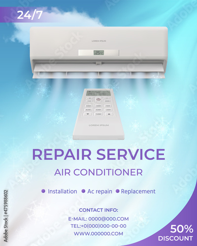 Air conditioner system repair service promo flyer. Advertising poster with realistic split blow cold wind, snow and remote vector template