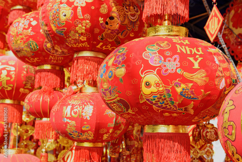 Closeup view of traditional red lanterns at New Year market