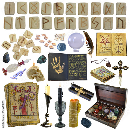 Design clip art set with runes, tarot cards and magic ritual objects isolated on white background