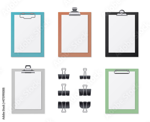 Realistic board tablets with blank white papers and clips. Clipboards for business or education presentation. Documents holder vector set