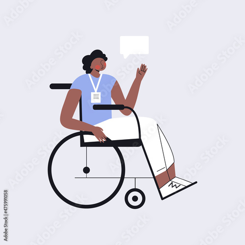 Young woman with disability in wheelchair working on project in inclusive office. Social inclusion concept with handicapped people. Positive girl in wheel chair. Flat vector cartoon illustration
